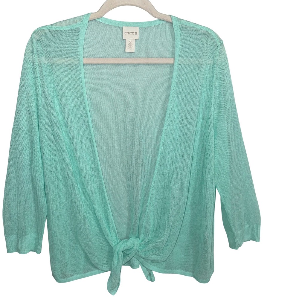 Chico's Mint Green Tie Front Cardigan Sweater Size 2 US 12 Large 3/4 Sleeve
